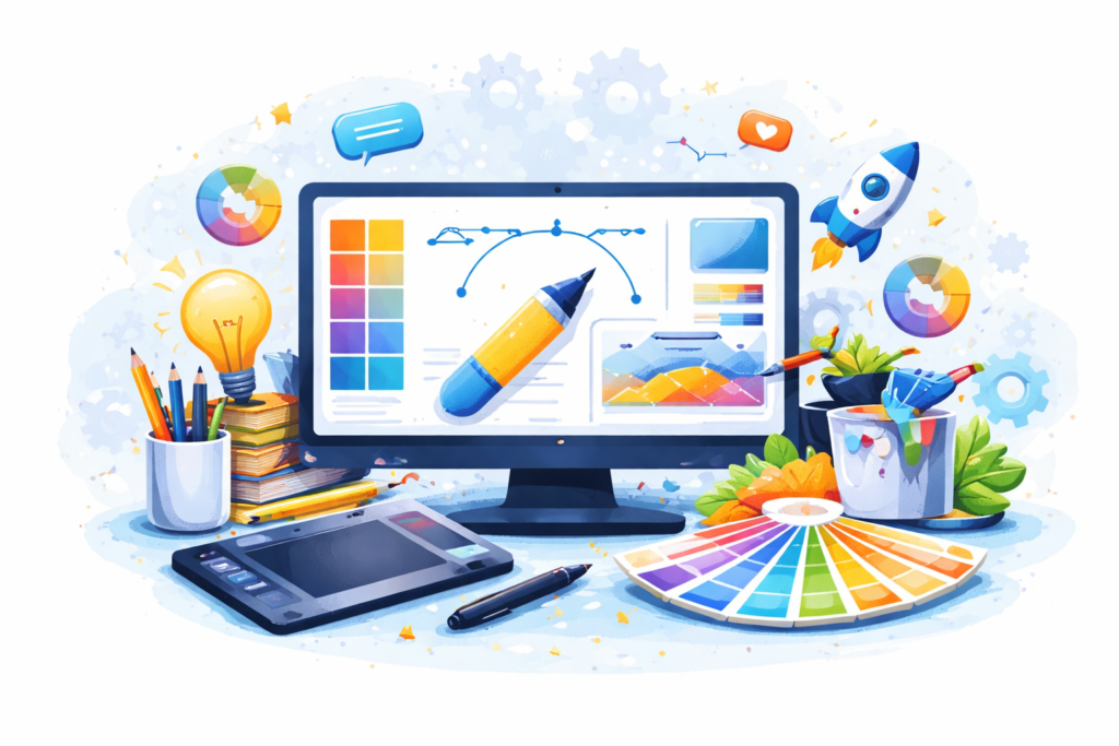 A creative graphic design workspace illustration featuring color palettes, drawing tools, design software, and creative elements used in digital marketing services.