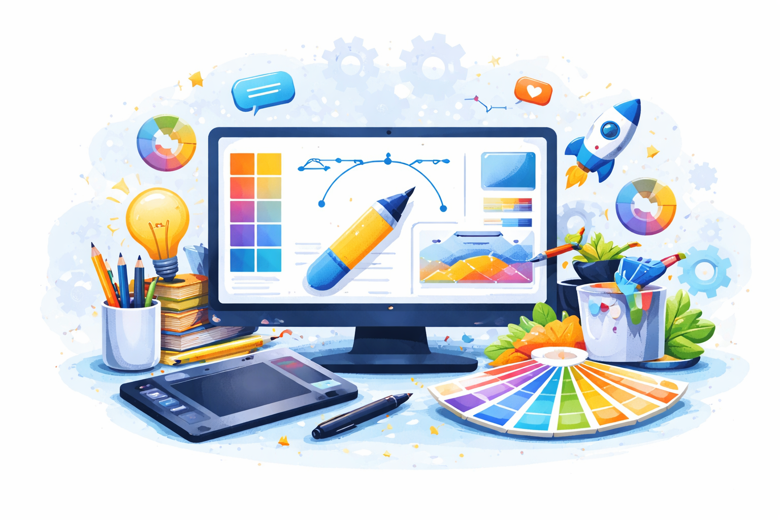 A creative graphic design workspace illustration featuring color palettes, drawing tools, design software, and creative elements used in digital marketing services.