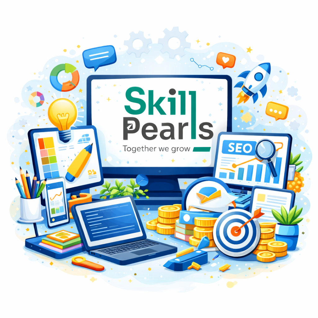 SkillPearls digital marketing agency showcasing SEO, PPC ads, analytics, and branding tools for business growth