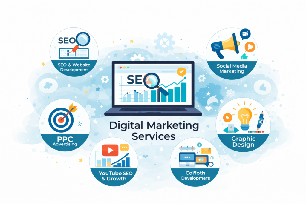 Digital marketing services including YouTube SEO, social media marketing, PPC advertising, website development and graphic designing by Skill Pearls