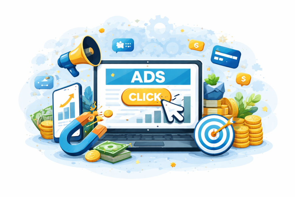 A digital illustration of PPC advertising showing an ads dashboard, click button, coins, and targeting graphics representing paid advertising in digital marketing services.