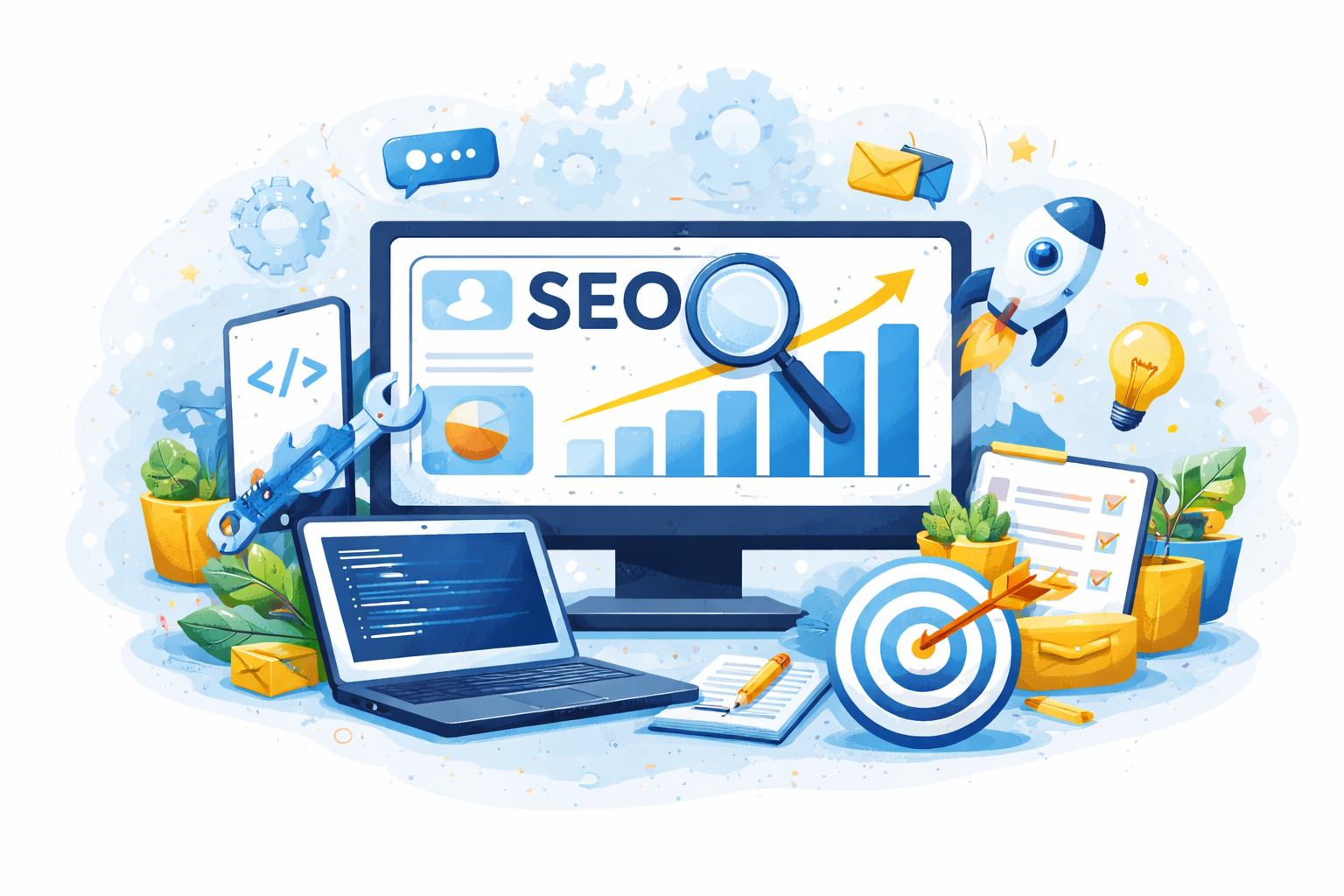 A detailed illustration of website development and SEO tools, analytics charts, coding screens, and optimization symbols showcasing technical aspects of digital marketing services.