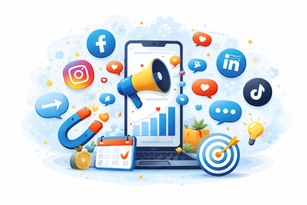 A vibrant social media marketing illustration with platform icons, engagement bubbles, a megaphone, and growth charts highlighting social promotion within digital marketing services.